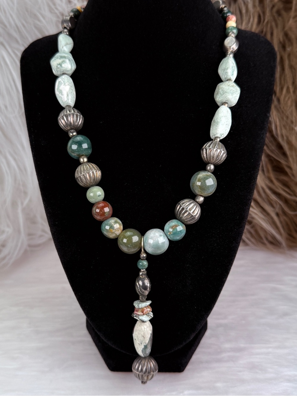 Vintage Beaded Statement Pendant Necklace Earth Tone Colors e